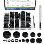 Glarks 291Pcs Rubber Grommets Set Including 110Pcs 5 Size One Sided Firewall Hole Plug & 60Pcs 5 Size Double Sided Rubber Grommets & 120Pcs 5 Size Hollow Rubber Gasket Assortment Kit & 1Pc Knife