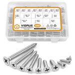 VIGRUE 450Pcs Stainless Steel Wood Screws Set #4#6#8#10#12 Phillips Flat Head Sheet Metal Screw Self Tapping Screws Assortment Kit, Length 1/4" to 2"