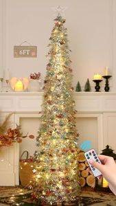 HMASYO 6 FT Pop Up Tinsel Christmas Tree with 100 LED Lights & Remote, Collapsible Artificial Pencil Tree with Snowflake Ornaments Xmas Decoration for Home, Office, Party, USB Powered Timer Lights