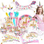 QUIENKITCH Unicorn Party Supplies, 197 Pieces Unicorn Birthday Decorations & Tableware - Paper Plates, Cups, Napkins,Banner,Table Cloth, Cake Topper, Headband, Birthday Sash -Serves 16