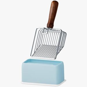 Morrean Metal Cat Litter Scoop with Holder, Stainless Steel Litter Scooper, Kitty Poop Scooper with Wooden Handle, Fast Sifting & Fine Sifting, Heavy Duty Deep Shovel - Silver with Blue Holder
