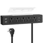 Black Under Desk Power Strip, Adhesive Wall Mount Power Strip with USB,Desktop Power Outlets, Removable Mount Multi-Outlets with 4 USB Ports, Power Socket Connect 5 Plugs for Home Office Reading