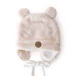 Petit Coulou Teddy Bear Hat for Babies - Soft Minky Beanie with Earmuffs and Drawstring - Unisex Baby Hat - Machine Washable (Cream,6-12M)