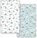 GRSSDER Stretchy Ultra Soft Jersey Knit Fitted Crib Sheets Set 2 Pack, Cozy Fits All Standard Crib Mattress Pads, Happy Dinosaurs Print for Boys and Girls