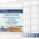Ultra Cuisine Heavy Duty 3 Tiers, 16" x 10" Cooling Rack for Cooking and Baking - Professional Grade Premium 100% Stainless Steel Baking Rack & Wire Cooling Mesh - Dishwasher Safe - Pack 3