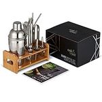 Oak & Steel Martini Cocktail Shaker Set - 13pc Stainless Steel Bartender Kit with Wooden Stand & Recipe Guide (500ml)