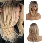 Esmee 16 Inches Ombre Blonde Wig with Bangs Synthetic Long Straight Wigs with Dark Roots for Women Daily Party Use