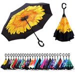 NNY Inc Double Layer Inverted Umbrella Cars Reverse Open Folding Umbrellas, Windproof UV Protection Large Self Stand Upside Down Straight Umbrella for Golf Women and Men with C-Shaped (Sunflower)