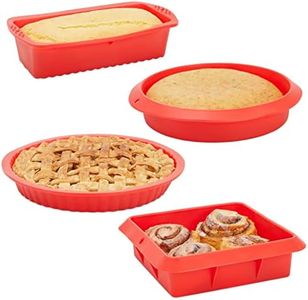 Juvale 4-Piece Red Silicone Bakeware Set with Square Brownie Pan, Bread Loaf, Round Cake and Pie Pans, Easy to Clean and Multipurpose, Baking Essentials Kit (Nonstick)