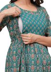 Women's Pure Cotton All Over Printed Kurti Gown Feeding Dress Maternity Gown Feeding Nighty Kurti for Zippers for Easy Breastfeeding Access 3/4 Sleeve with Calf Length Without Collor (Blue, M)