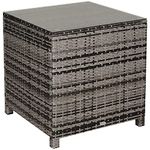 Outsunny Patio PE Rattan Side Table, Square Outdoor Coffee Table w/Tempered Glass Top, Mixed Grey