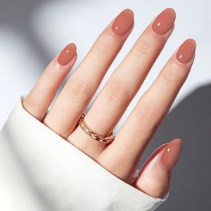 modelones Sheer Milk Tea Short Press on Nails, Semi-Transparent Oval Fake Nails Kit Press Ons with Nail Glue, Adhesive Tabs, Nail File, Prep Pad, Manicure Stick, 32Pcs 16 Sizes, Spring Women Girl Gift