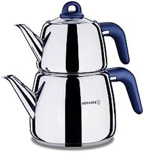 Korkmaz A045-02 Bella Turkish Azure Teapot Set for Stovetop, 18/10 Stainless Steel Double Tea Maker with Bakalite Handles, Samovar Style Tea Kettle with 33.9 Oz (1000ml) & 67.7 Oz (2000ml)