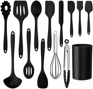 LIANYU 14 Pcs Silicone Kitchen Utensils Set with Holder, 446°F Heat Resistant Silicone Cooking Kitchen Utensils Spatula Set, Non-Stick & Dishwasher Safe Cooking Tools, Comfort Grip Handle, Black