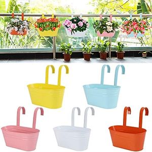 Glory Island 5 Pcs Hanging Flower Pot, Metal Iron Bucket Planter Box with Detachable Hooks, Outdoor Flowers Holder for Railing Fence Balcony Garden Yard, Yellow,orange,blue,white,pink, 11 inches