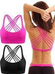 2 Pack Womens Padded Sports Bra Cross Back Bra Workout Strappy Bra Seamless Comfortable Yoga Bra (M, Black and Rose Red)