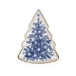 Two's Company Blue and White Christmas Tree Shaped Dish - Decorative Ceramic Serving Platter, Holiday Cookie Plate for Santa, Party Tableware