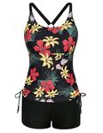 Tankini with Shorts， Strappy Tankini Swimsuits Drawstring Bathing Suits Two Piece Floral Print Swimwear with Shorts