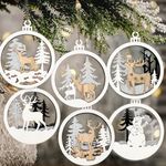 6pcs Christmas Farmhouse Rustic Ornaments Set for Christmas Tree Decorations Hanging 3D Glitter Reindeer Wood Tree Ornaments Round Wooden Christmas Tree Decorations Gift Tags