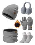 UMIPUBO Knitted Hat and Scarf Set 5 PCS Thermal Winter Sets Warm Plush Ear Warmers Knitted Scarf Beanie Hat and Touch Screen Gloves Set Ski Women Outing Earmuffs Socks Set for Outdoor Sports, Grey