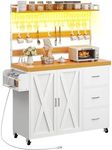 YITAHOME Kitchen Island with Power Outlet & LED Light, 53 Inch Large Baker Rack Cart with Storage Cabinet Tall Shelf on Wheels Thick Counter Glass Holder Hooks Spice Rack, White & Oak