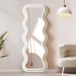 YOSHOOT Full Length Mirror 160x60 cm, Irregular Wavy Mirror, Arched Floor Mirrors, Flannel Wrapped Wooden Frame Mirror Hanging or Leaning Against Wall for Bedroom - Grace, White