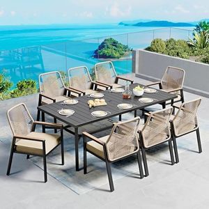 9 Pieces Patio Dining Set, 8 x Woven Rattan Chairs with Waterproof Cushion, 83" Rectangular Metal Dining Table with Umbrella Hole, Outdoor Table and Chairs Set for Backyard Lawn and Deck, Beige