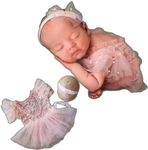 Newborn Photography Outfits Girl Lace Romper Newborn Photography Props Rompers Baby Skirt Photoshoot (Pink-Short Sleeve)