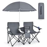 KOTEK Double Camping Chair, Folding Beach Chair with Removable Umbrella, Cup Holders, Cooler Bag, Side Pocket & Carry Bag, 2-Person Camp Chair for Outdoor, Sports, Concerts, Travel, Picnic (Grey)