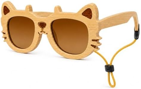 LNOOPZYL Kids Wooden Cat-Shaped Sunglasses with Ears, Wood Frame, Multiple Lens Colors, Ages 2-8, Includes Case, Cloth and Strap (Wood-Frame-Tea-Lens)