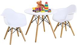 HONEY JOY 3 Pieces Kids Table and Chairs Set, Mid-Century Modern Style Table Chairs Set, Round Table w/ 2 Armchairs, Children Activity Dining Table & Chair Set for Reading, Drawing, Writing, White