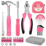 24 PCS Pink Tool Kit for Women Ladies, Household DIY Tool Kit, Mini Tool Box Set with Pliers Wrenches Hammer Tape Measure Bit Drivers Handle, Basic Hand Repair General Tool Sets for Home & Office