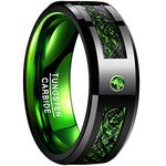 VAKKI 8mm Black Tungsten Ring for Mens Celtic Dragon Wedding Band Inlaid with Green Carbon Fiber and CZ Size O 1/2