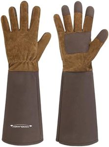 HANDLANDY Long Gardening Gloves for Men & Women, Cowhide Leather Rose Pruning Gloves- Breathable & Durable Gauntlet Gloves (Large, Brown)