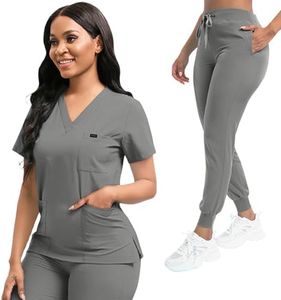 YEZEX Scrubs for Women Set, Women's V-Neck Top & Jogger Scrub Pants, Nursing Uniform Scrubs Set with 8 Pockets, for Nurse Esthetician Workwear (Gray)