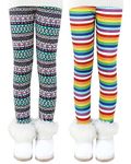 Auranso Girls Fleece Lined Thermal Leggings 2 Pack Kids Winter Thick Warm Cute Rainbow Printed Trousers, Color E, 6-7 Years (Tag: 130)