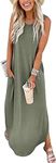 Cuptacc Women's Summer Sleeveless Maxi Dress Casual Loose Beach Sundresses Tshirt Dresses with Pockets Navy Green 3XL