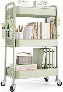 TOOLF Metal Utility Carts, 3 Tier Rolling Carts with Wheels, Storage Organizer with Pegboard Hooks Bins for Bathroom Kitchen Laundry Office, Three Tier Cart for Book Diaper & Art Supplies, Green