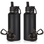 Volhoply 32oz Insulated Water Bottles Bulk 2 Pack with Straw Lid & Spout Lid,Stainless Steel Sports Water Bottle,Double Wall Vacuum Thermos,Leakproof Wide Mouth Metal Flask for Hiking,Camping(Black,2)