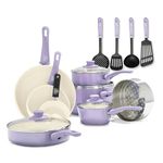 GreenLife Soft Grip Healthy Ceramic Nonstick 16 Piece Kitchen Cookware Pots and Pans Set, Includes Frying Pan Skillets Sauce and Casserole, PFAS-Free, Oven Safe, Lavender