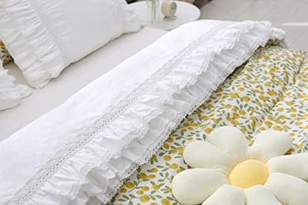 White Luxury Elegant Lace Bed Flat Sheet with Ruffles Bed Top Sheet King or California King Size 100% Cotton 1 Piece