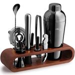 Mixology & Craft Bartender Kit: 10-Piece Black Bar Cocktail Shaker Set with Stylish Mahogany Stand | with Gun Metal Bar Tools and Martini Shaker