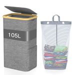 GLOWPOINT 105L Laundry Basket with Lid, Large Foldable Washing Basket with Removable Inner Bag, Water-resistant Oxford Laundry Hamper, Laundry Bin for Bedroom, Bathroom, Laundry Room