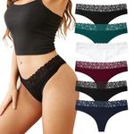 INNERSY Womens Thongs Lace Underwear Sexy Thong Ladie G String Cotton Tanga knickers 6 Pack (14, 5 Dark Colours/1 White)