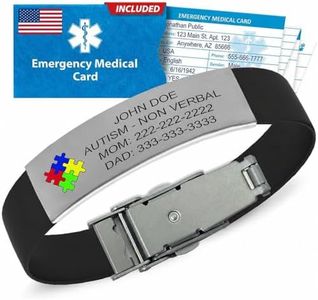 Universal Medical Data Autism Medical ID Bracelet for Kids – Custom Laser Engraved ID, Silicone Band & Stainless Steel Plate - Medic Alert Bracelet with Emergency Card & Health Record Access - Black