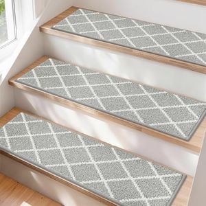 COSY HOMEER Edging Stair Treads Non-Slip Carpet Mat 28inX9in Indoor Stair Runners for Wooden Steps, Stair Rugs for Kids and Dogs, 100% Polyester TPE Backing 15pcs,Grey