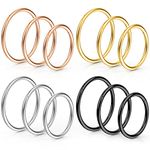 Funtopia 12 Pcs Hoop Nose Rings, 18g 316L Surgical Steel Hinged Nose Rings Hoop for Women Men, Septum Rings Cartilage Lip Rings Body Piercing Jewelry, Silver, Gold, Black, Metal