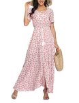 Women's Floral Maxi Dresses Casual Long Summer Boho Beach Dress Short Sleeve Button Up Split Party Dress, Pink Flower, XXL