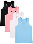 SATINIOR 4 Pieces Girls Dance Tank Tops Racerback Crop Tank Tops Sleeveless Top for Gymnastics and Dancewear (Black, Pink, White, Blue,9-10 Years)