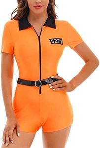 TiaoBug Women's Jailbird Prisoner Costume Uniform Ladies Fancy Dress Cosplay Halloween Party Outfit for Adult Orange A Small